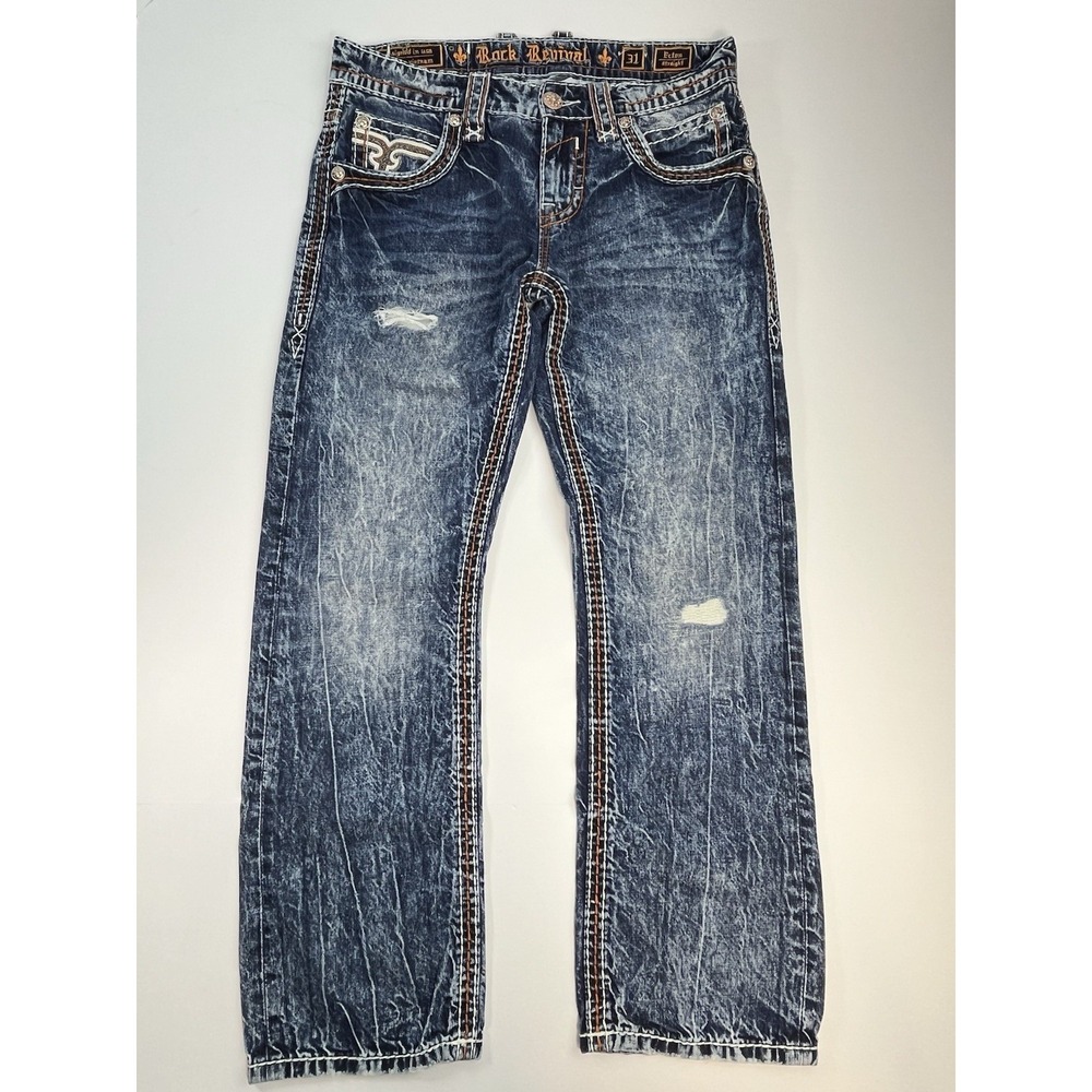 Rock Revival Ecton Straight Jeans Men's 31 Dark Wash Embroidery Volcano Stitch